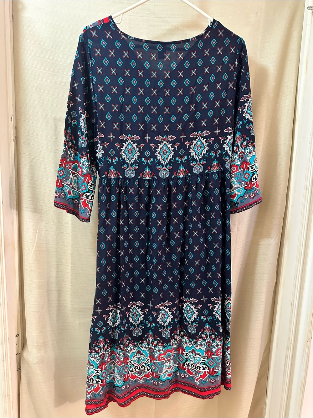 Emery Rose BOGO Boho Paisley Border Print Midi Dress Navy Large V Neck ⚫️ - Picture 7 of 9